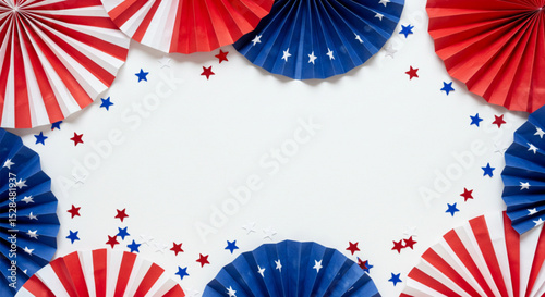 White festive background decorated with red, white, and blue American party elements – suitable for Independence Day, elections, Memorial Day, or patriotic invitations.

