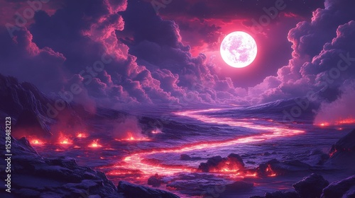 Crimson moon illuminates a fiery river valley.