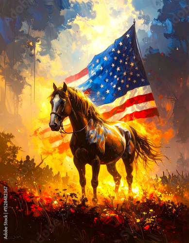 Celebrate America 250: Abstract Flag with Flames Burnng Below and a Horse Standing in Front 70