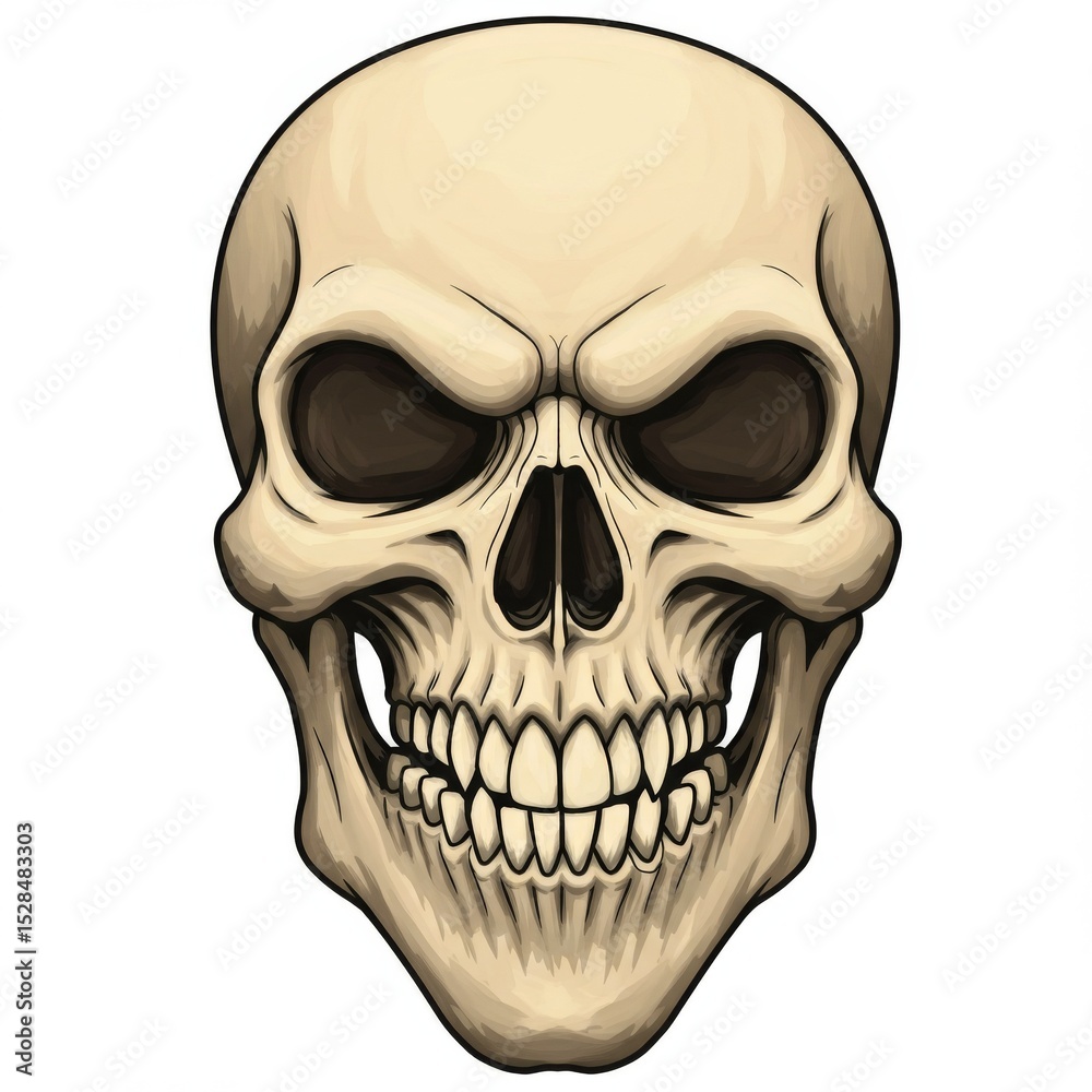 Fototapeta premium Detailed Beige Human Skull Illustration on White Background