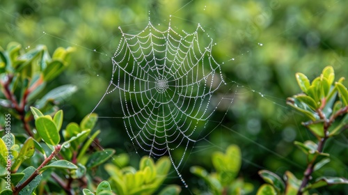 Wallpaper Mural Delicate spiderweb draped with dewdrops glistens amongst lush green foliage in a natural setting. Torontodigital.ca