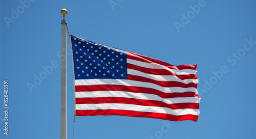 American flag waving against bright blue sky, symbolizing pride, liberty, and national celebration