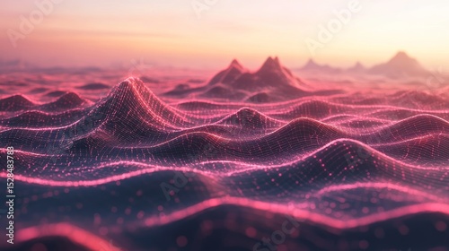 Digital landscape of undulating mountains at dawn.