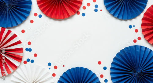 Red paper fans with blue and red confetti on minimal white background for patriotic theme or holiday design