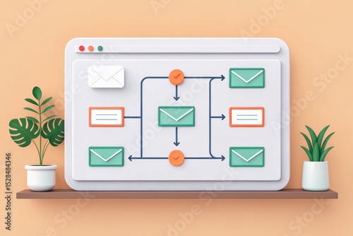 3D illustration of a dashboard screen displaying analytics and data visualization elements. Concept of Marketing Automation: Converting Leads via Email.