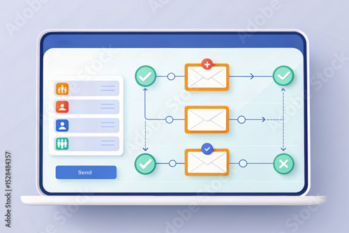 3D illustration of a dashboard screen showcasing data for an e-commerce application. Concept of Marketing Automation: Converting Leads via Email.