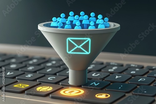 3D illustration of a funnel containing user icons, representing data flow and user engagement concepts. Concept of Marketing Automation: Converting Leads via Email.