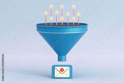 A 3D illustration of a glowing funnel icon, ideal for digital marketing and data visualization. Concept of Marketing Automation: Converting Leads via Email.