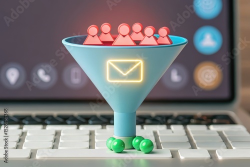 3D illustration of a funnel filled with user icons, representing data flow and customer acquisition. Concept of Marketing Automation: Converting Leads via Email.
