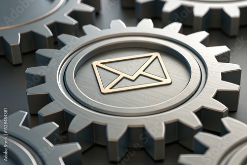 3D illustration of a gear icon merged with a mail symbol, ideal for technology or business themes. Concept of Marketing Automation: Converting Leads via Email.