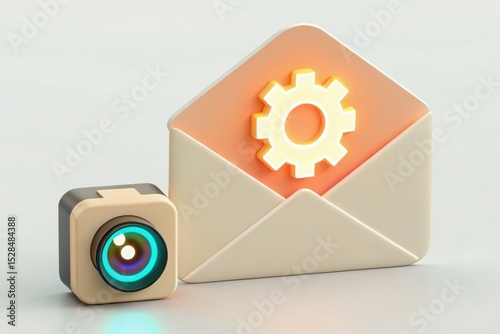 3D illustration of a gear icon creatively embedded in a letter G, symbolizing technology and industry. Concept of Marketing Automation: Converting Leads via Email.