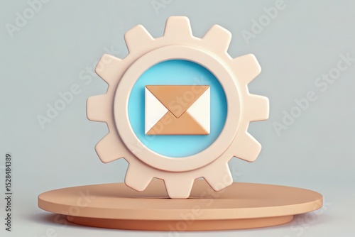 3D illustration of a gear icon integrated with a mail symbol, representing technology and communication. Concept of Marketing Automation: Converting Leads via Email.