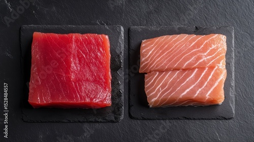 Raw tuna and salmon fillets on black slate plates. photo