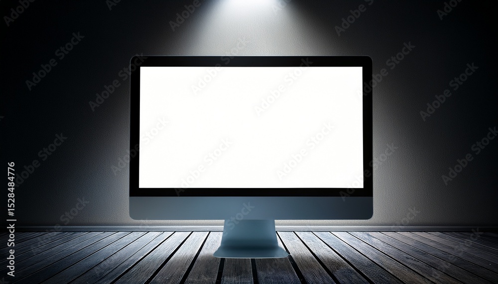 Fototapeta premium a computer monitor with a blank screen in a dark room illuminated by a spotlight