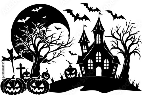 Spooky Halloween Silhouette Scene with Castle