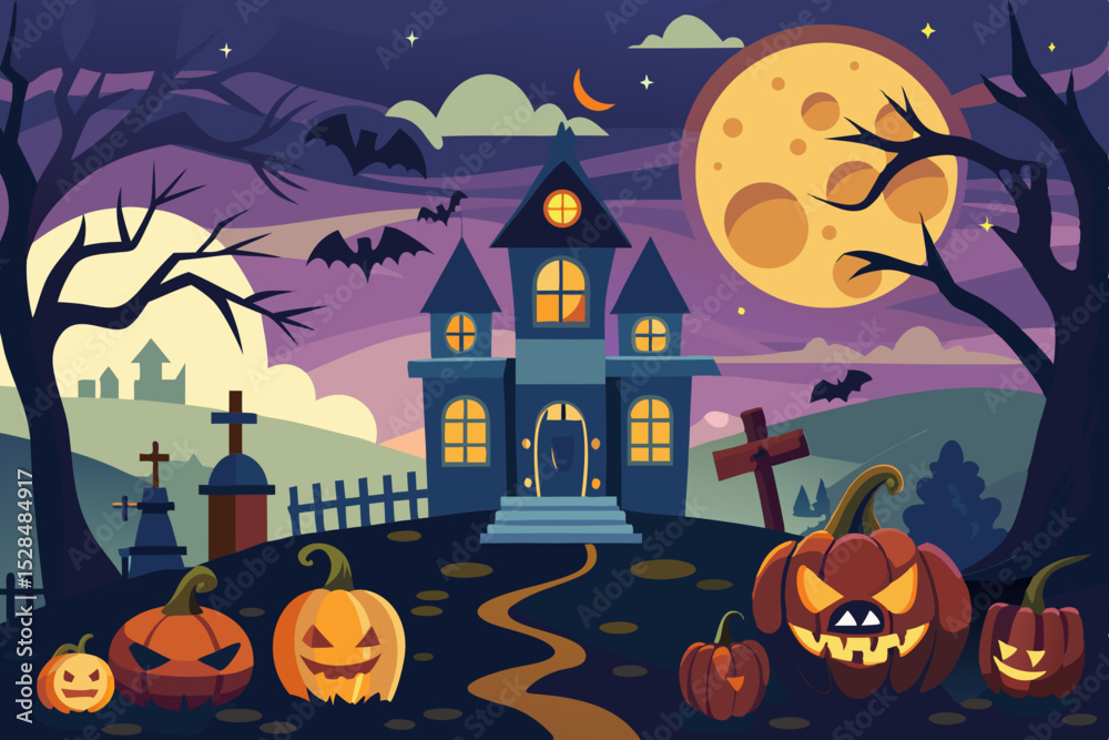 Fototapeta premium Spooky Halloween Night Scene with Haunted House