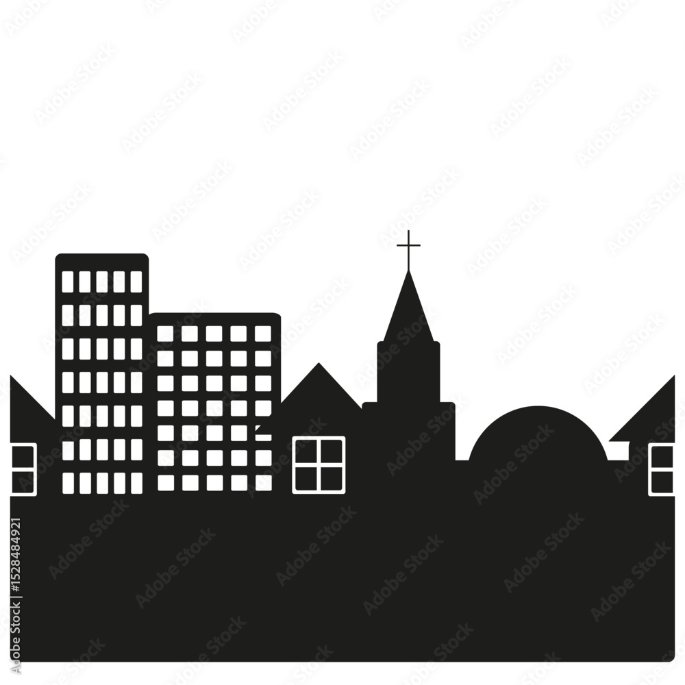 Fototapeta premium City skyline symbol. Church silhouette shape. Vector urban icon. Tall building structure.