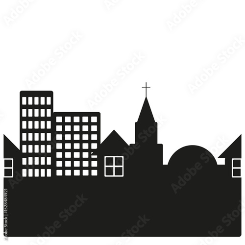 City skyline symbol. Church silhouette shape. Vector urban icon. Tall building structure.