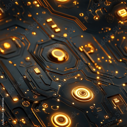 A close-up, angled view of a dark, futuristic communication interface or circuit board, with intricate golden glowing pathways and bright circular elements, suggesting advanced technology. Seamless