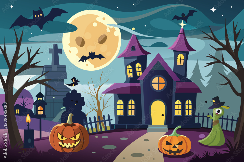 Fototapeta premium Spooky Halloween Night Scene with Haunted House