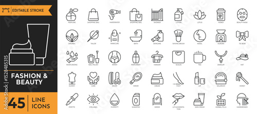 Fashion & Beauty Outline icon set. Containing cream, cosmetics, skin care, makeup, and more. Editable stroke. Vector illustration