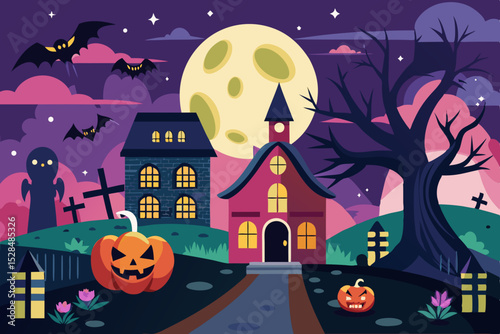 Spooky Halloween Night Village Scene