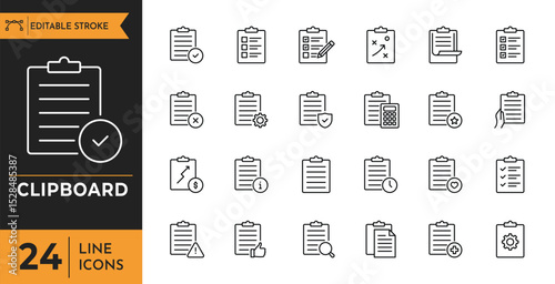 Clipboard outline icon set. Containing Clipboard, checklist, report, survey, and more. Editable stroke. Vector illustration