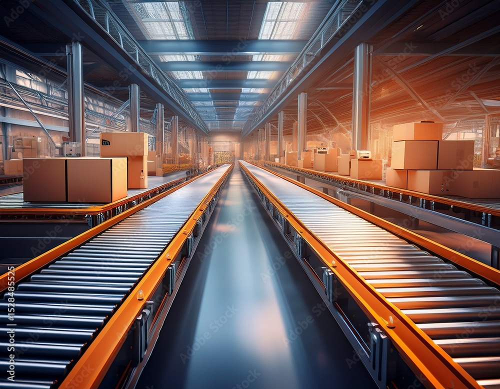 Fototapeta premium automated conveyor belt system transporting packages in a large distribution center