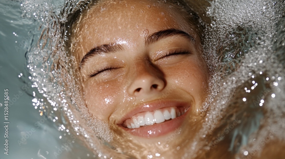 Fototapeta premium Woman with a joyful smile enjoying a refreshing moment in water with splashes and bubbles