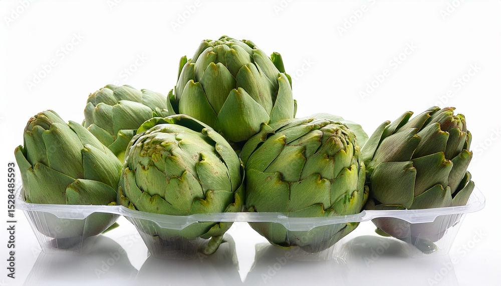 Obraz premium view of harvest of ripe green artichokes packed in plastic boxes ready for storage or delivery papercraft isolated with white highlights