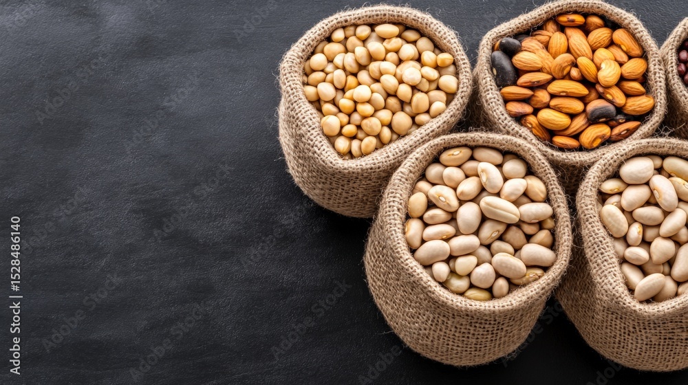 Fototapeta premium Assorted nuts in burlap sacks arranged on a dark surface for healthy snack options