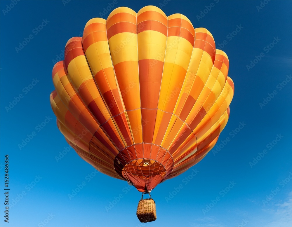 Fototapeta premium a vibrant orange and yellow hot air balloon with wicker basket floating against clear background evokes sense of adventure and freedom