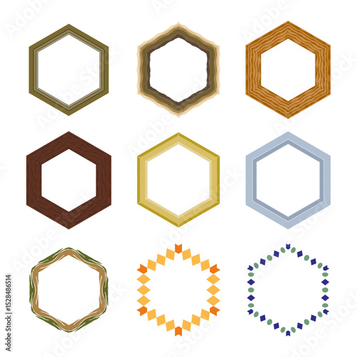 Hexagon frame vector. Geometric border shape. Wood style outline. Decorative design symbol.