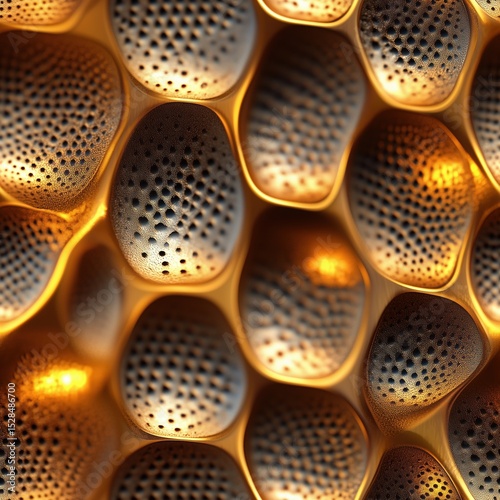 A macro shot of a metallic, organic-looking surface with interconnected, textured pods, each featuring a pattern of small holes and illuminated by a warm golden light. Seamless