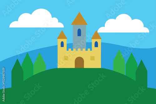 Colorful Cartoon Castle on Hill Flat Vector Illustration Background.