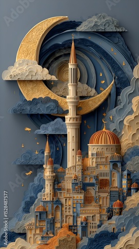 Intricate paper art depicts a mosque at night under a golden crescent moon surrounded by swirling clouds.