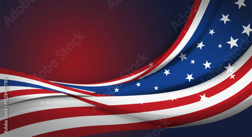 White background with scattered patriotic fan decor in red, white, and blue colors for celebration