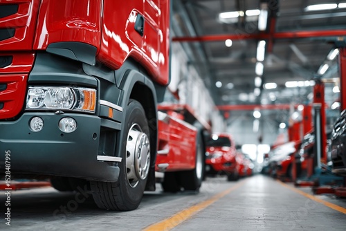 Red Semi-Truck Cab in Industrial Facility