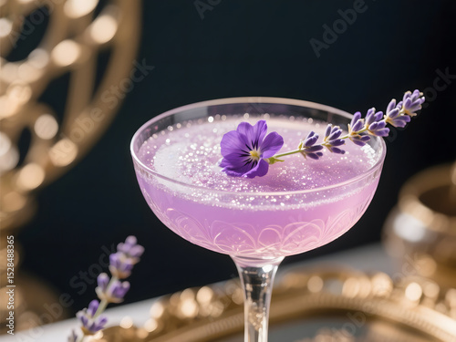 Sparkling Lavender Cocktail with Edible Flower in Coupe Glass