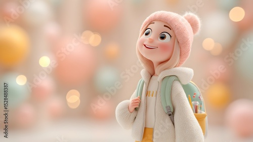 A charming cartoon girl with a backpack looks up hopefully against a soft background of blurred orbs.