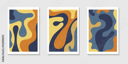 Set of abstract contemporary mid century posters with Abstract shapes. Design for wallpaper, background, wall decor, cover, print, card. Modern boho landscape minimalist art. Vector illustration.