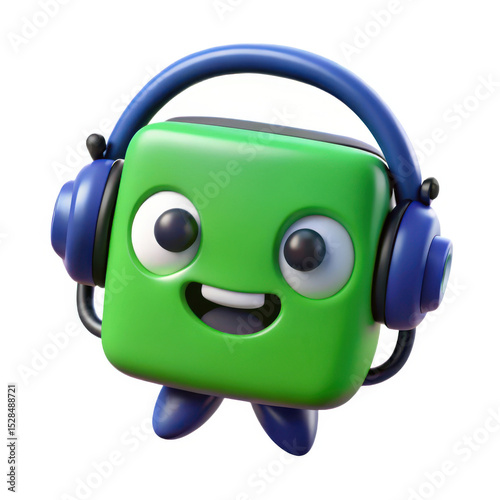 3d cute green cube character with headphones isolated on white background