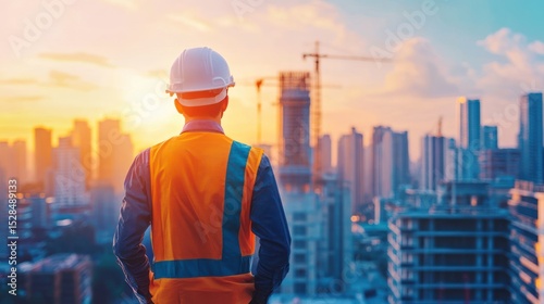 Construction worker observing city skyline at sunset, urban development project