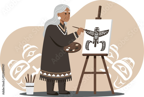 Indigenous artist painting traditional totem art on canvas with easel and brushes vector illustration 