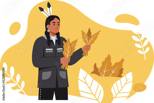 Native American woman holding autumn leaves in yellow background vector illustration with seasonal fall colors 