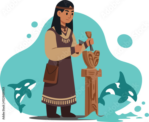 Native American woman carving wooden totem pole with turquoise background vector illustration 