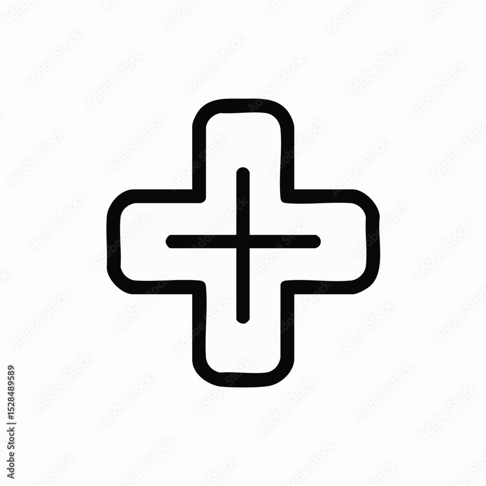 Black outline of a plus sign with rounded corners centered on a white background Black outline of a plus sign with rounded corners centered on a white background