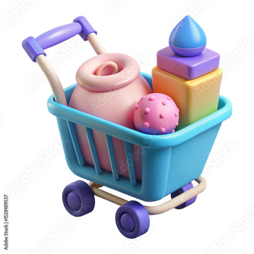 3d shopping cart with colorful items isolated on white background