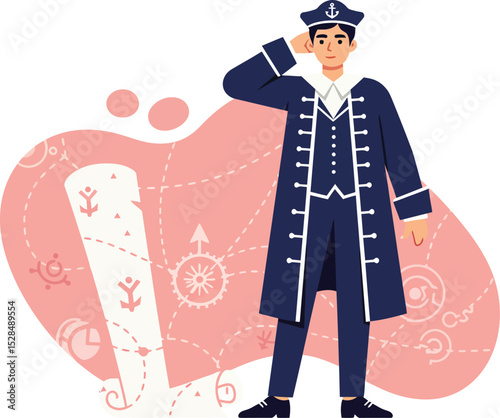 Pirate captain standing with saluting gesture and nautical map background vector illustration 