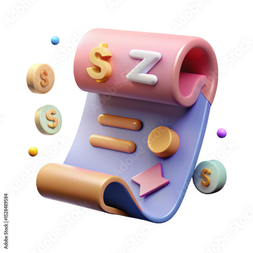3d scroll document with currency symbol and letter z isolated on white background